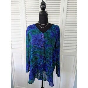 Susan Gail Tunic Women's 16 Vtg Chiffon Semi Sheer Paisley Art Blue Green Blouse